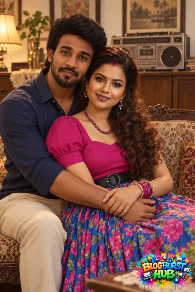 Romantic 80s-inspired couple sitting together in a vintage living room