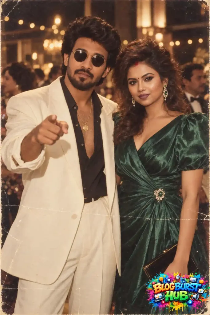 Elegant 80s-inspired couple posing at a vintage evening party