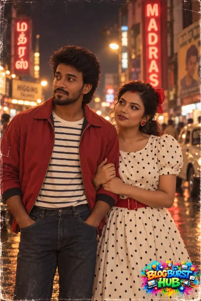 Retro couple walking together at night on a colorful Madras street in 80s-inspired fashion
