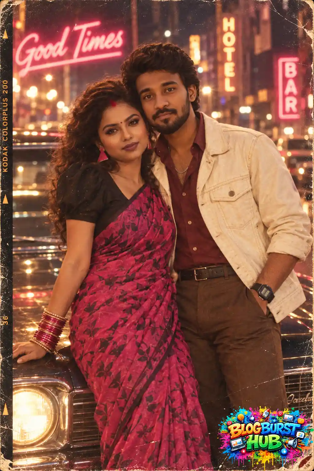 Romantic couple posing beside a vintage car under colorful neon signs at night