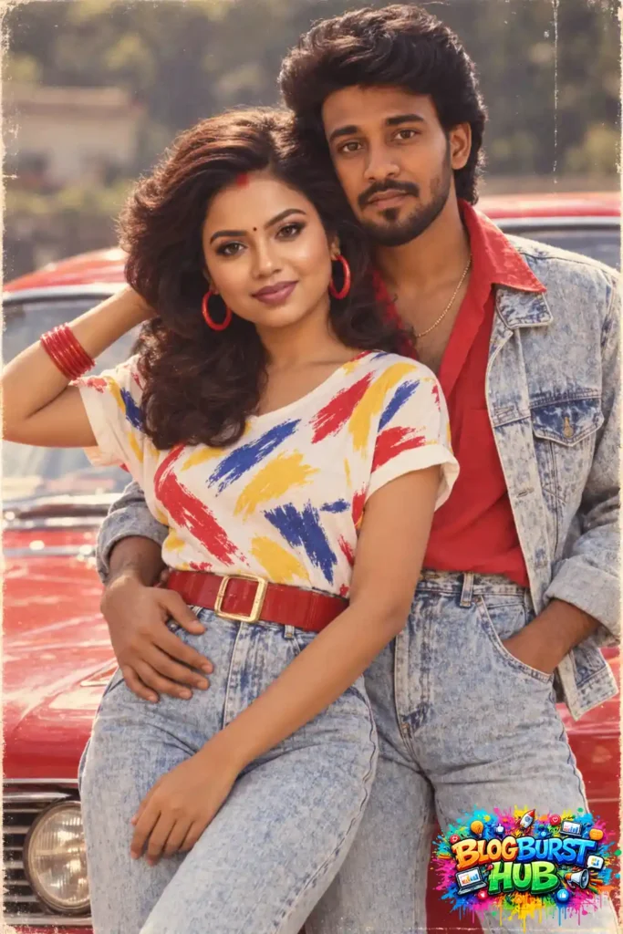 80s-inspired couple posing beside a classic red vintage car