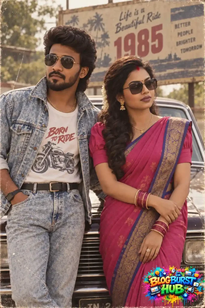 Indian couple in colorful 80s outfits posing beside a vintage Ambassador car