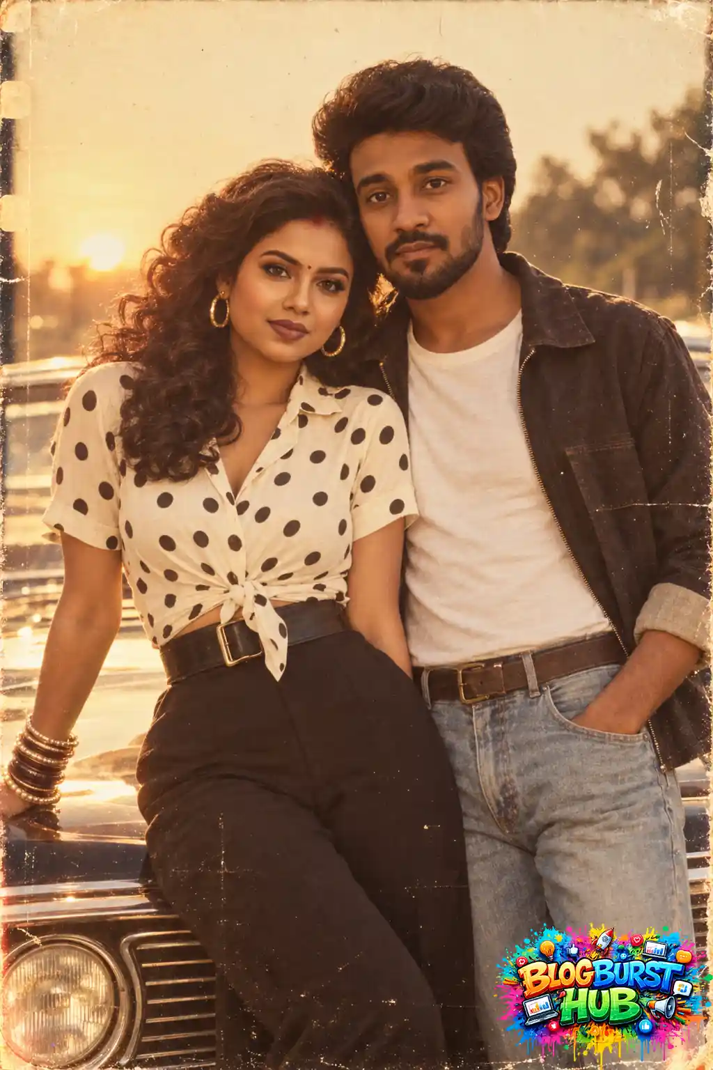 Romantic 80s-inspired couple posing together at sunset beside a classic car