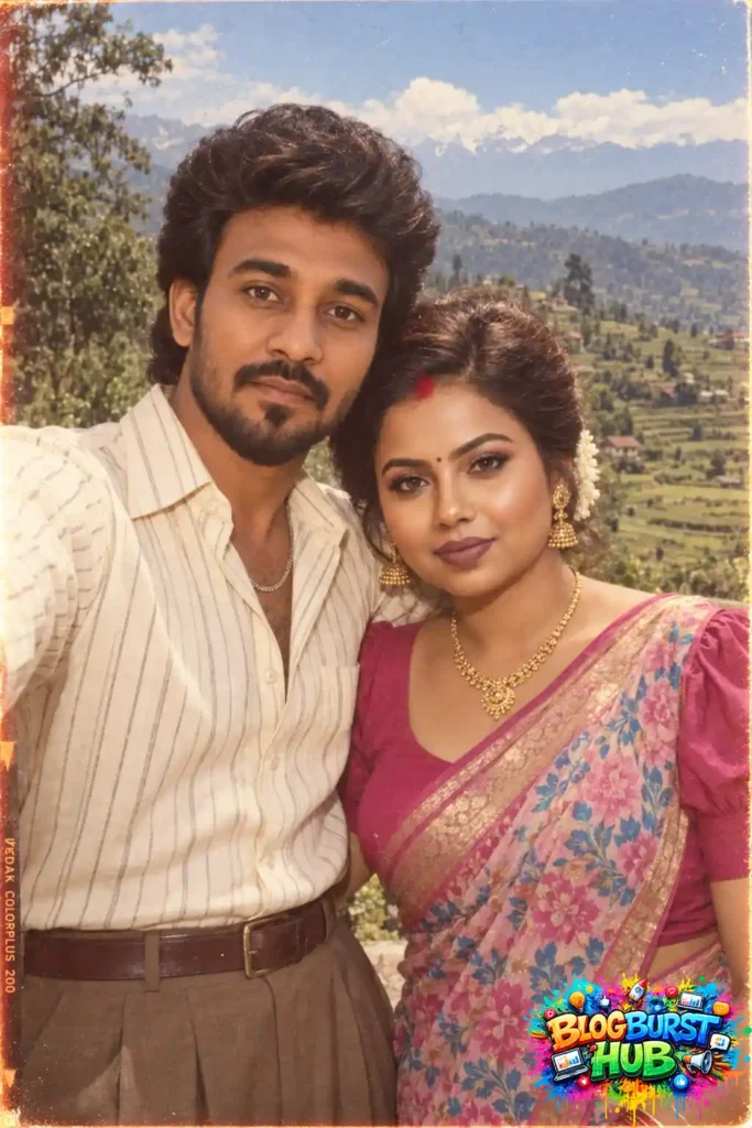 80s-inspired couple posing together against a scenic mountain landscape