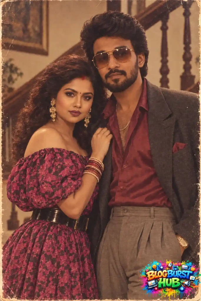 80s-inspired couple posing together in vintage formal outfits
