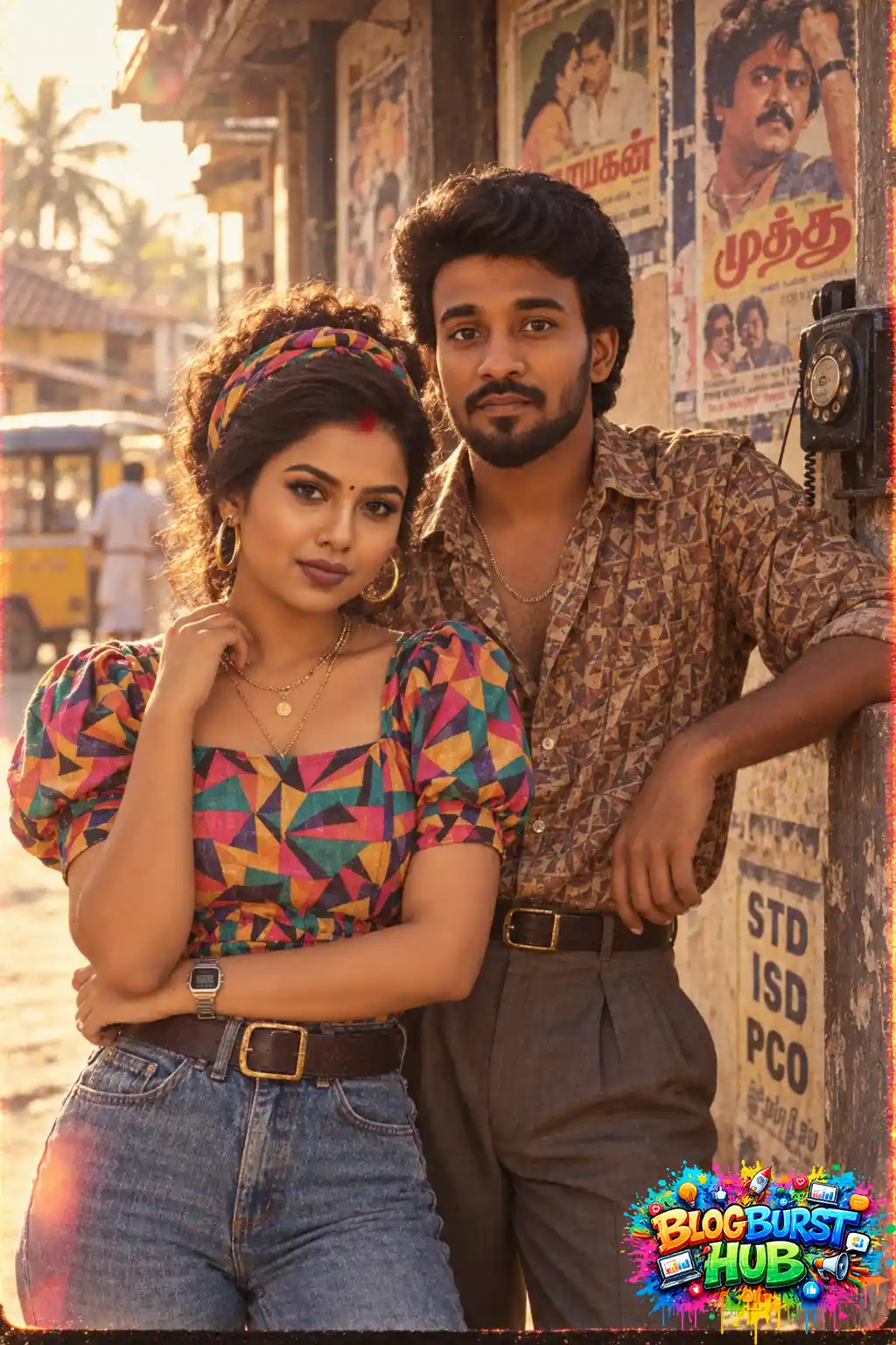 80s-inspired couple posing together on a vintage Indian street