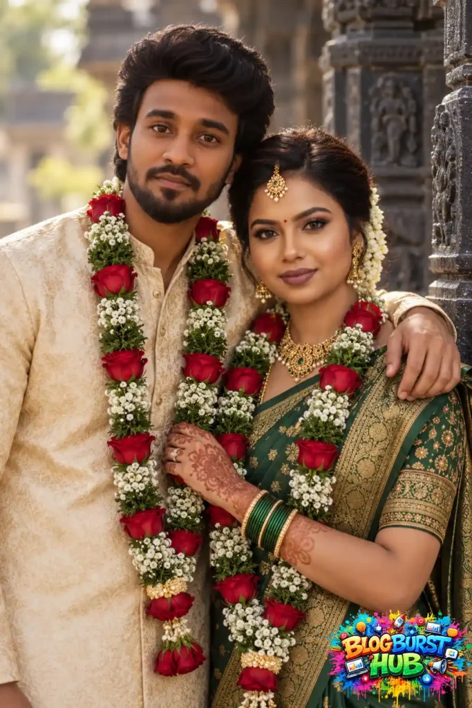 South Indian bride and groom posing together with red rose and white flower garlands