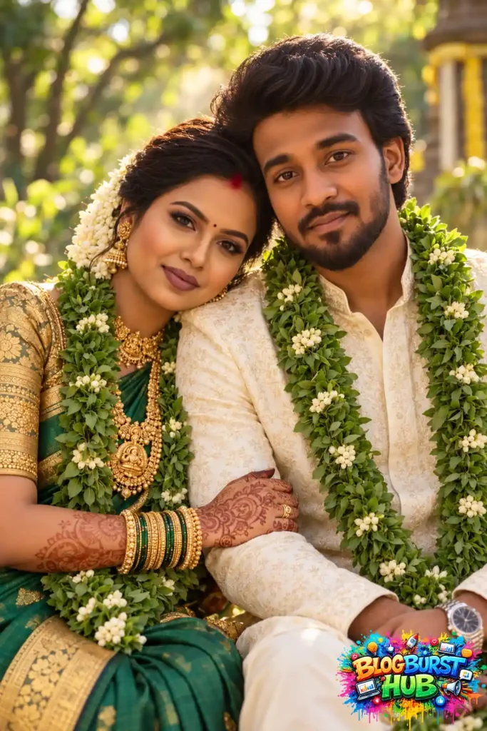 South Indian couple in traditional wedding attire posing together with flower garlands