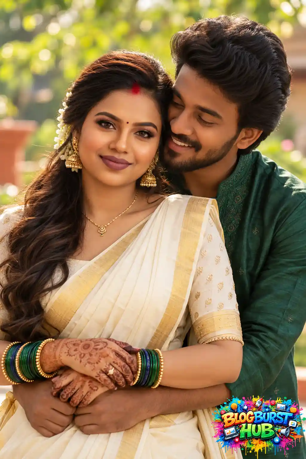 South Indian couple embracing with bride wearing white and gold saree