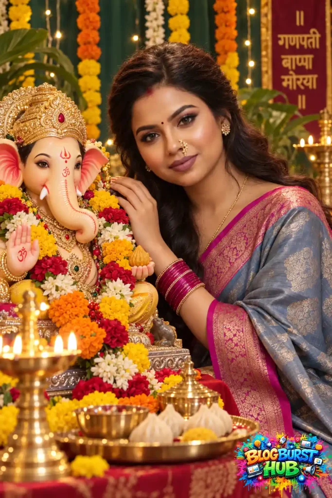 Woman in traditional saree posing beside a decorated Ganesha idol during Ganesh Chaturthi