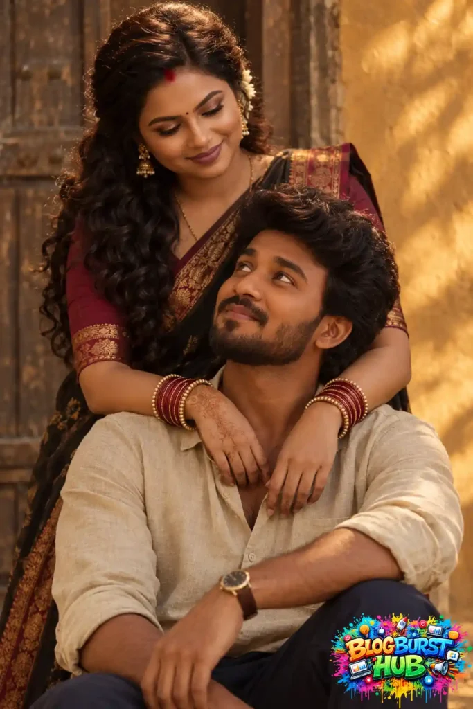Indian couple in black saree sharing a romantic traditional portrait