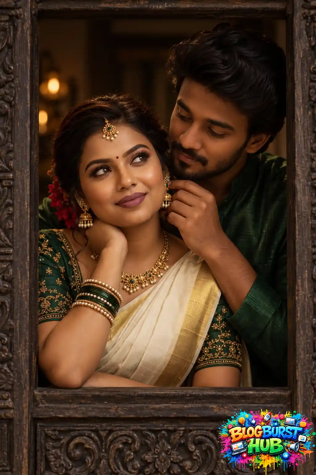 South Indian couple posing romantically through an ornate traditional wooden window