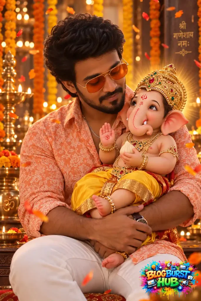 Man holding a beautifully decorated baby Ganesha idol during Ganesh Chaturthi