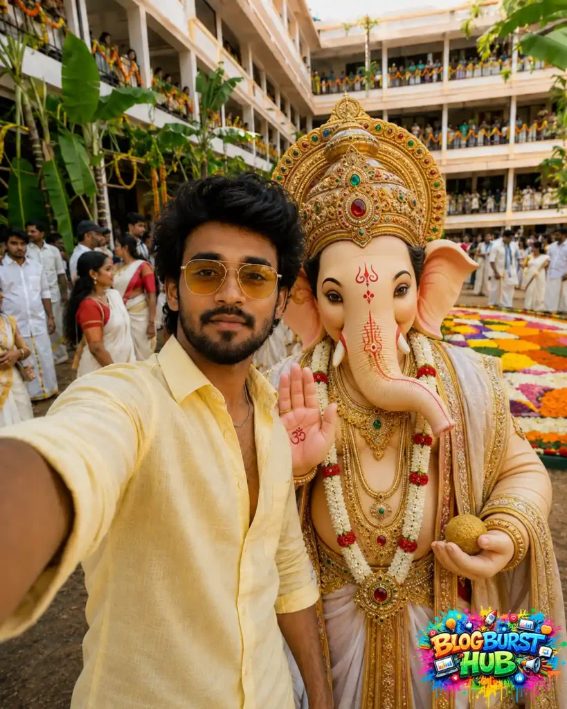 Man taking a selfie beside a decorated Lord Ganesha idol at a Ganesh Chaturthi celebration