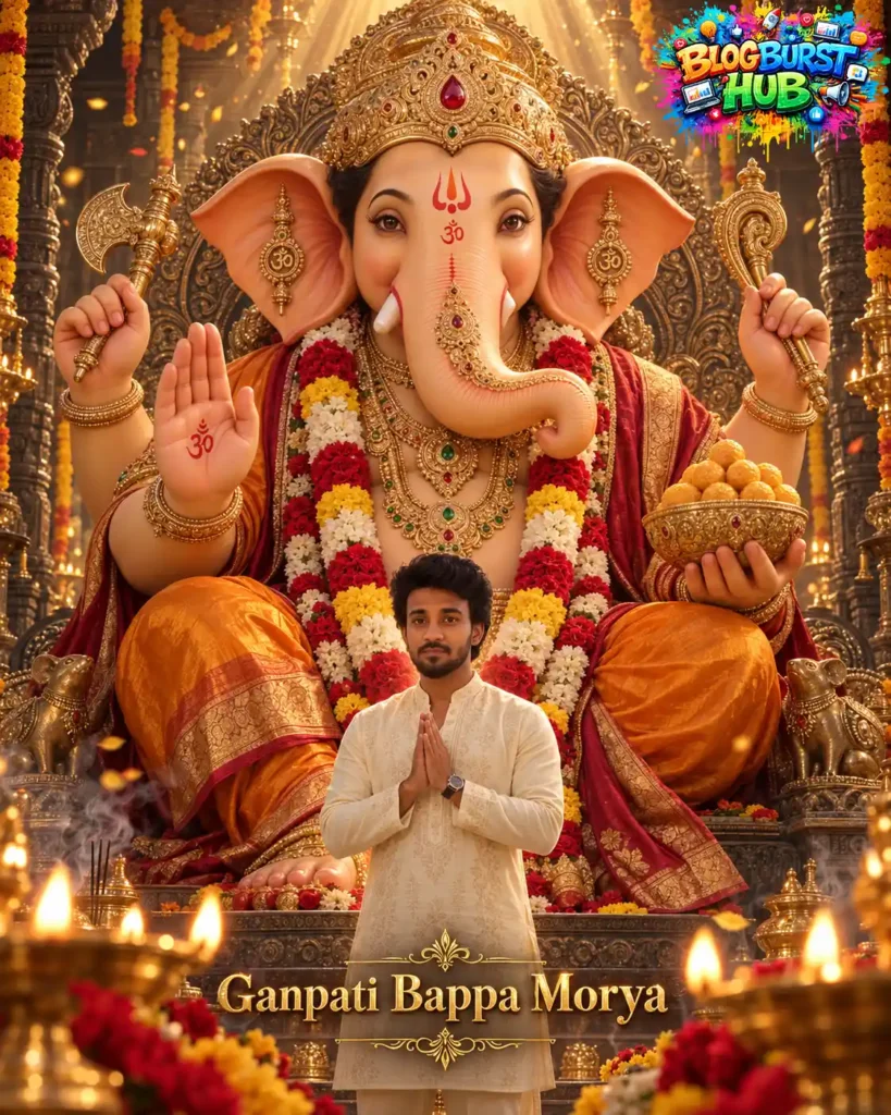 Devotee praying in front of a giant Lord Ganesha idol during Ganesh Chaturthi