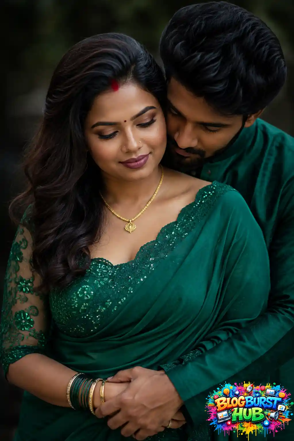 Romantic Indian couple in green saree embracing in a cinematic AI photo