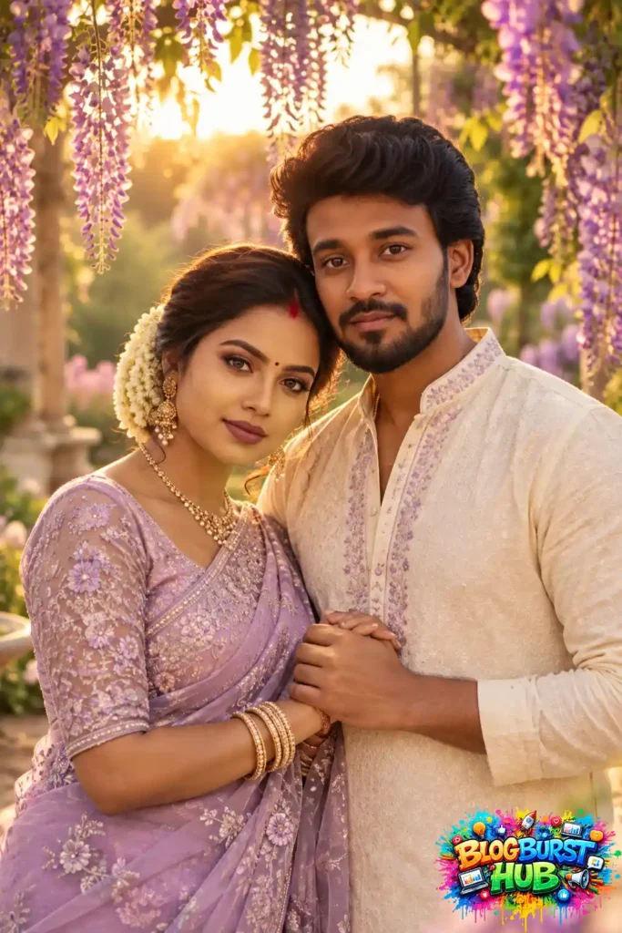 Indian couple in lavender saree and traditional kurta posing in a flower garden