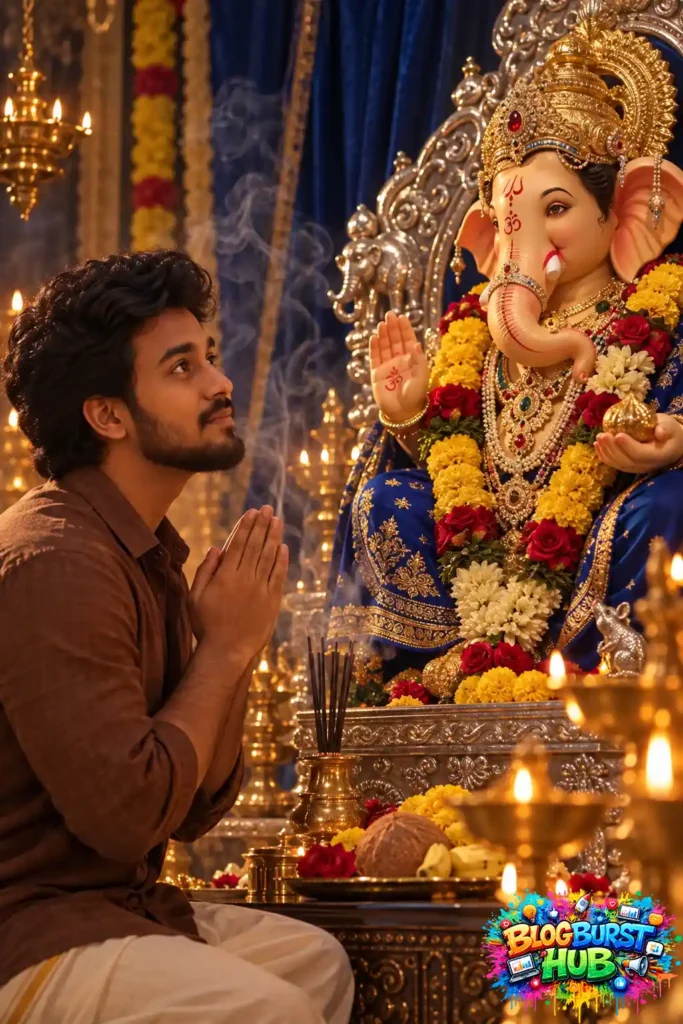 Man praying with folded hands before a decorated Lord Ganesha idol