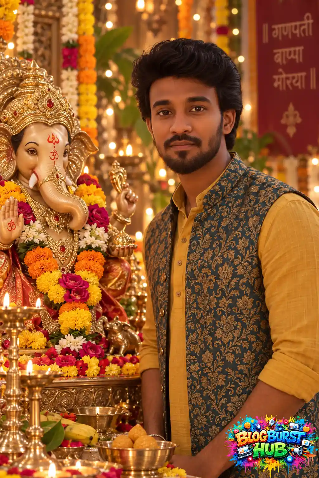 Man in traditional Indian outfit standing beside a decorated Lord Ganesha idol