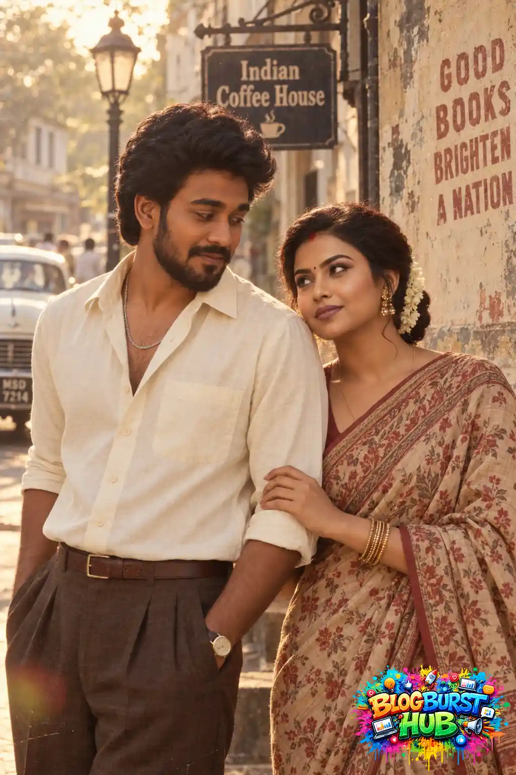 Romantic Indian couple walking together near a vintage coffee house in retro clothing