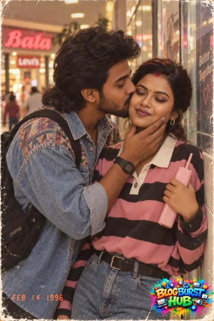 Young retro couple sharing a kiss in a vintage shopping mall with 80s fashion