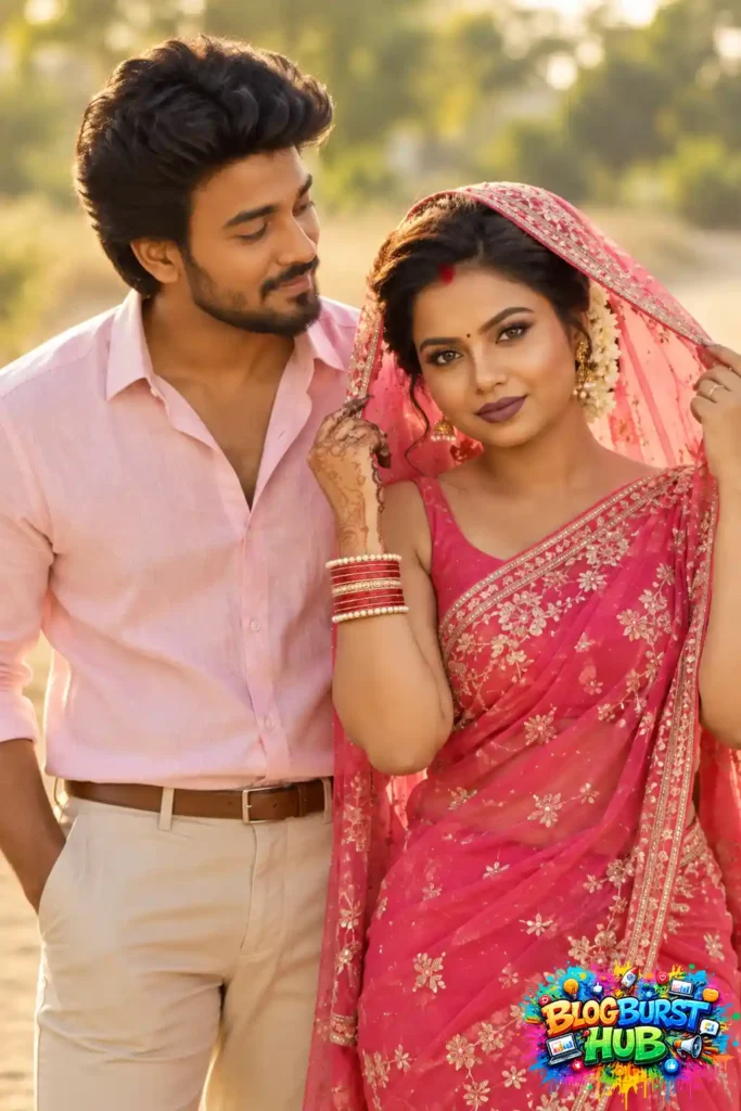Indian wedding couple with bride in pink saree and groom in pink shirt