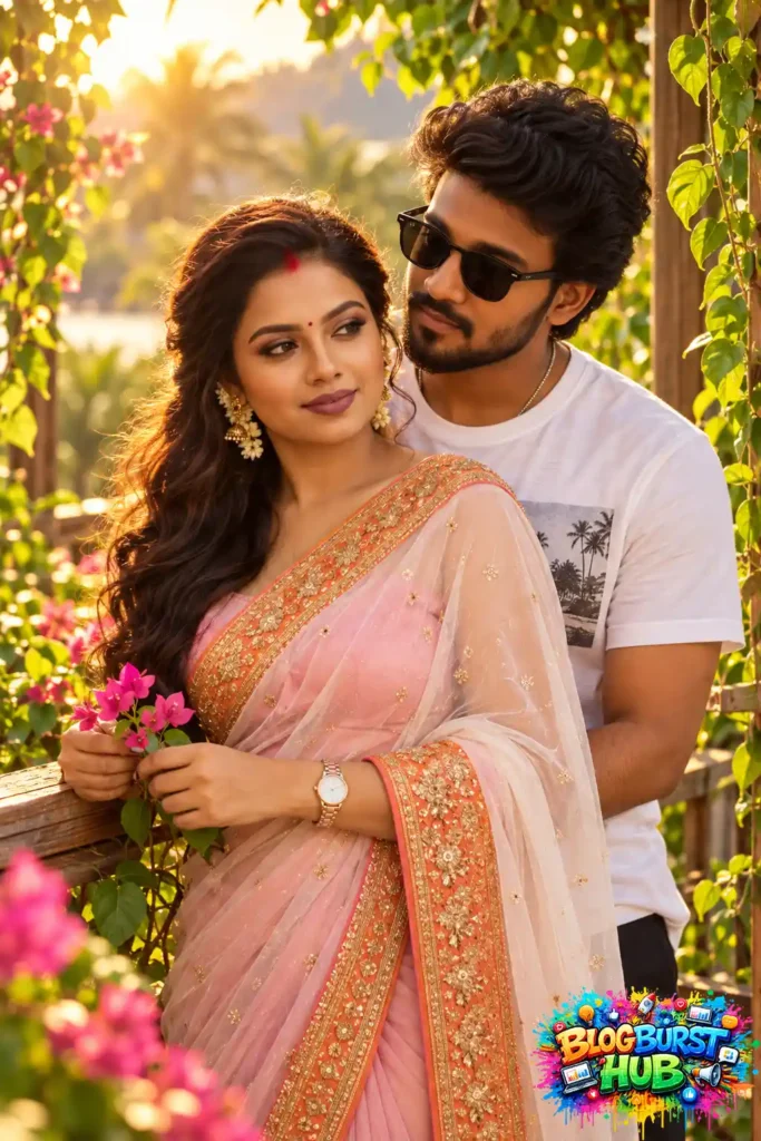 Indian couple in pink saree posing romantically in a flower garden