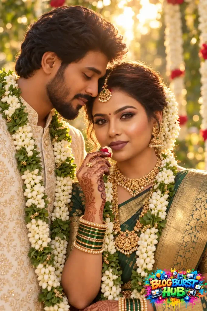 South Indian couple sharing a romantic moment during golden hour with traditional wedding attire