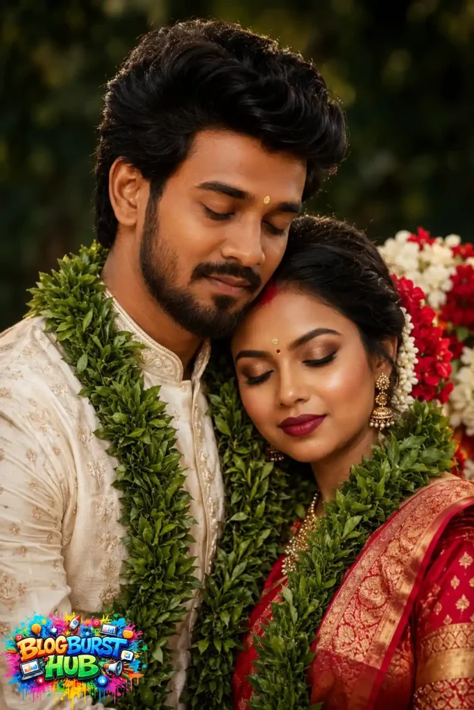 South Indian couple sharing an intimate moment with floral garlands and traditional attire
