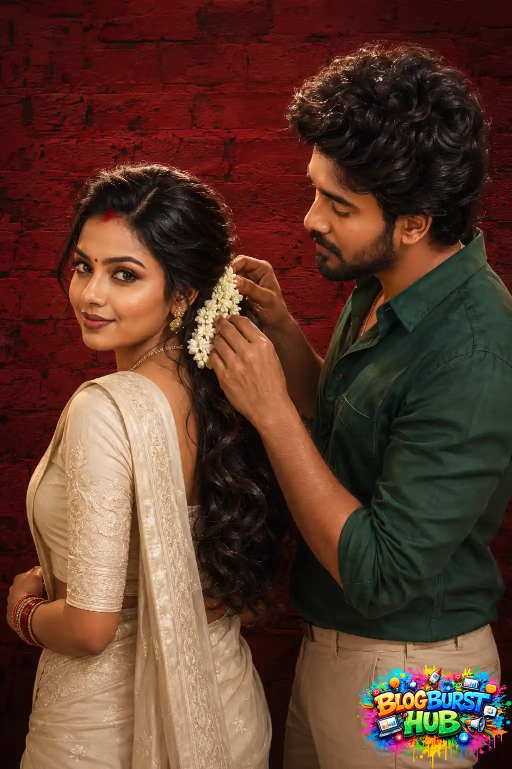 Romantic Indian couple with jasmine flowers and traditional saree in an AI-generated photo