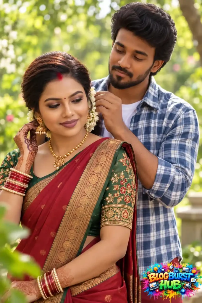 Indian couple in saree and casual shirt posing romantically outdoors