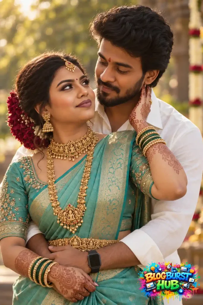 South Indian bride and groom sharing a romantic embrace outdoors