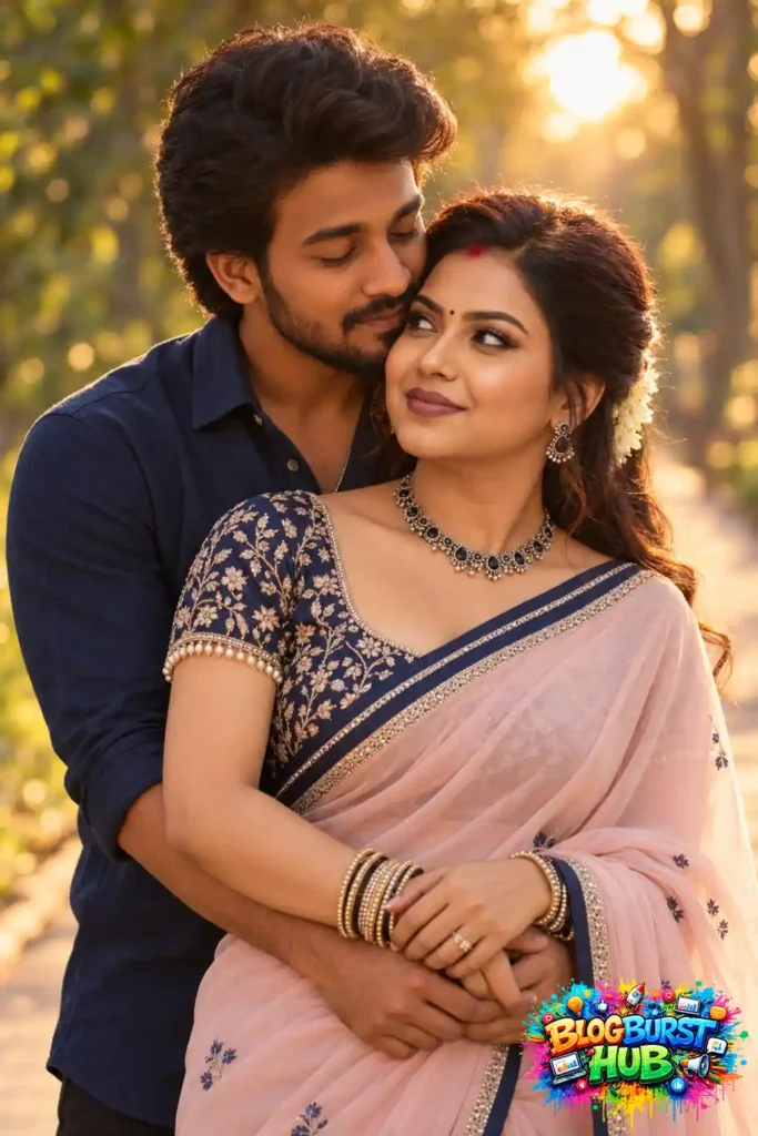 Romantic Indian couple AI photo in traditional outfits during golden hour