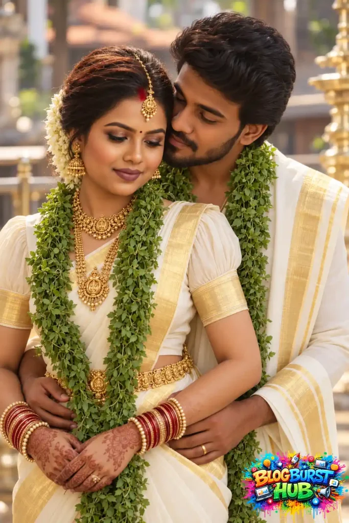 South Indian couple in white and gold traditional attire posing romantically