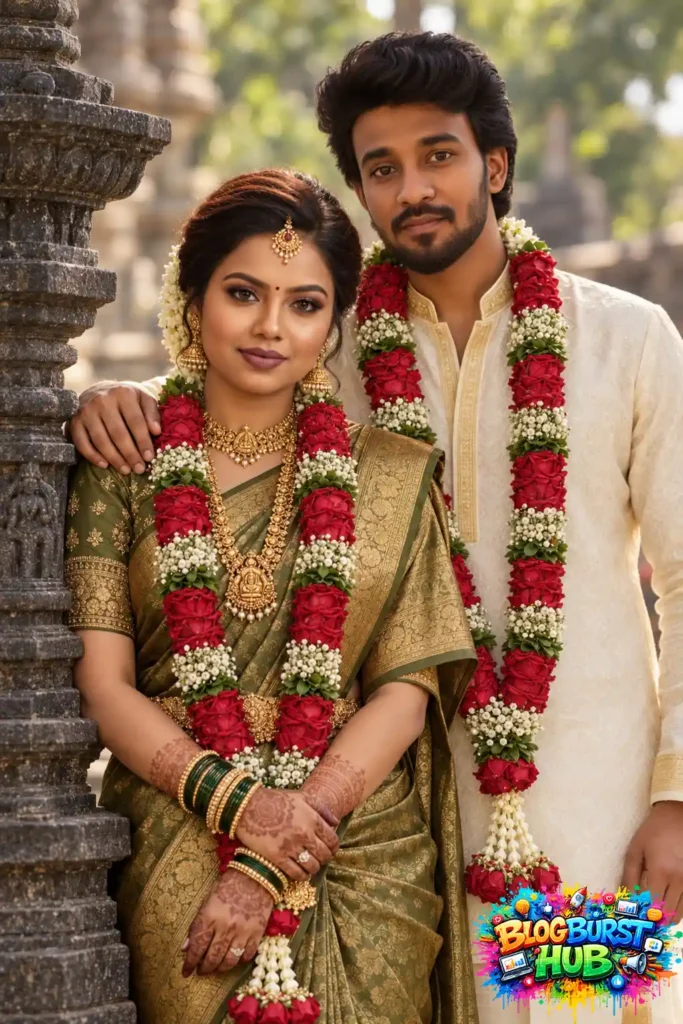 South Indian bride and groom wearing red and white flower garlands beside a temple