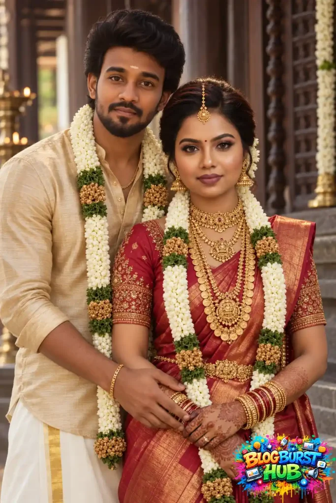 South Indian bride and groom wearing traditional wedding clothes and flower garlands