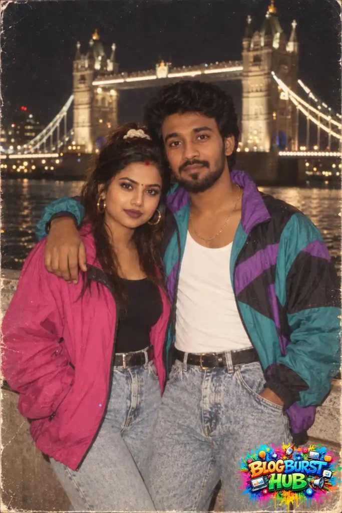 80s-inspired couple posing together at night with Tower Bridge illuminated in the background