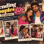 Retro 1980s-inspired couple photos featuring nostalgic outfits, romantic poses, and vintage film aesthetics