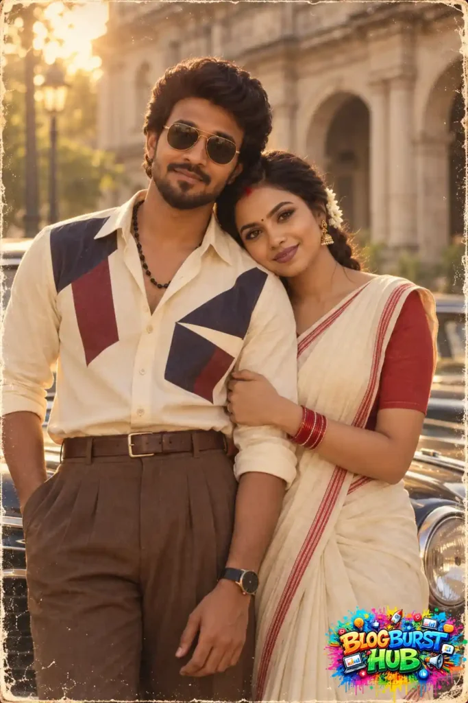 Indian couple posing together in vintage 80s-inspired clothing with a classic car