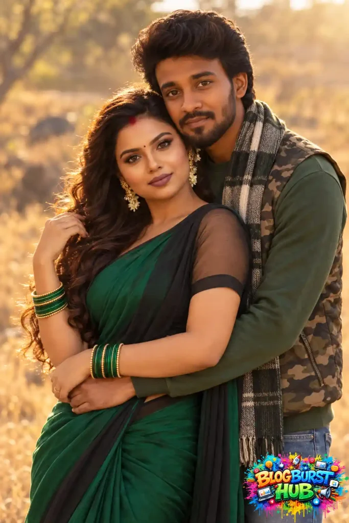 Romantic Indian couple in green saree and winter clothing during golden hour