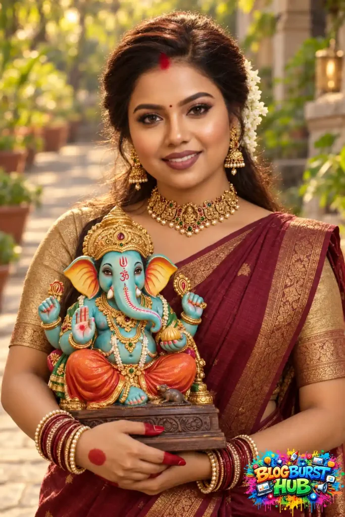 Woman in maroon saree holding a colorful Lord Ganesha idol during Ganesh Chaturthi