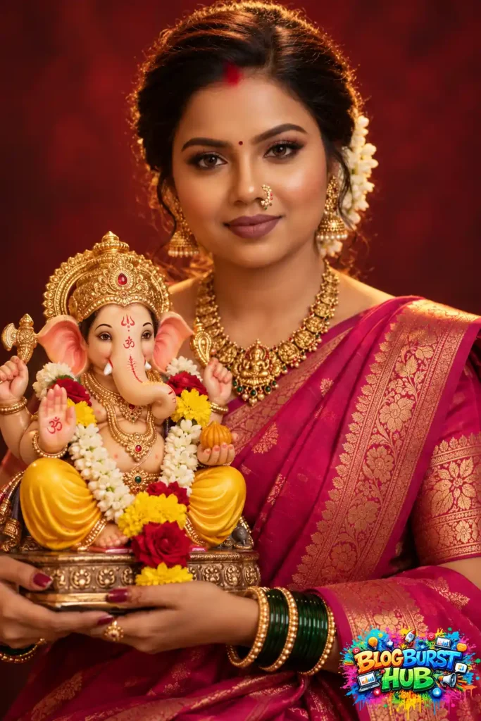 Smiling woman in pink saree holding a decorated Ganesha idol during Ganesh Chaturthi