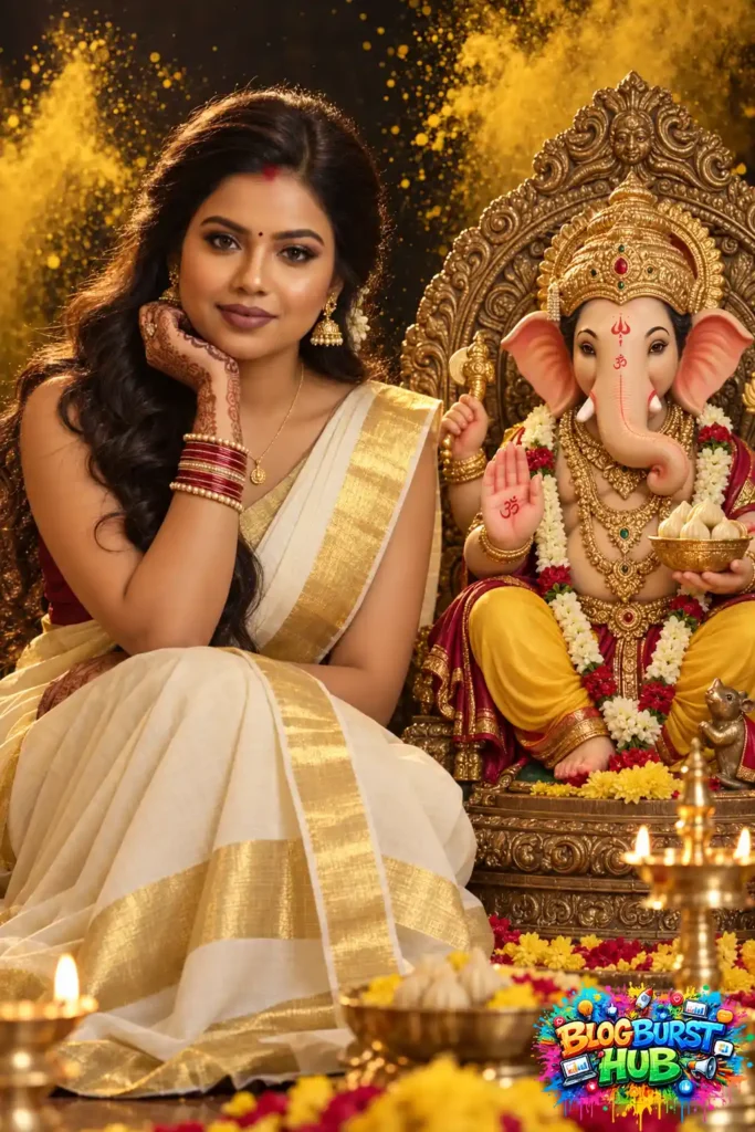 Woman in white and gold saree sitting beside a decorated Lord Ganesha idol