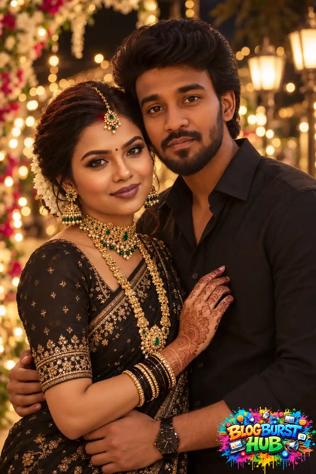 South Asian couple in black and gold traditional outfits surrounded by warm lights