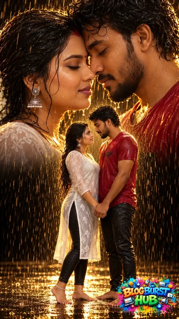 Romantic couple standing close together in heavy rain with warm golden backlighting.