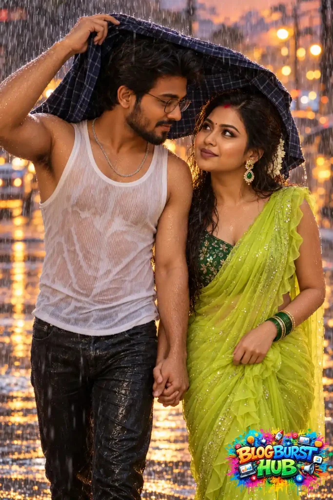 Indian couple holding hands beneath an umbrella in the rain, wearing a white shirt and bright green saree.