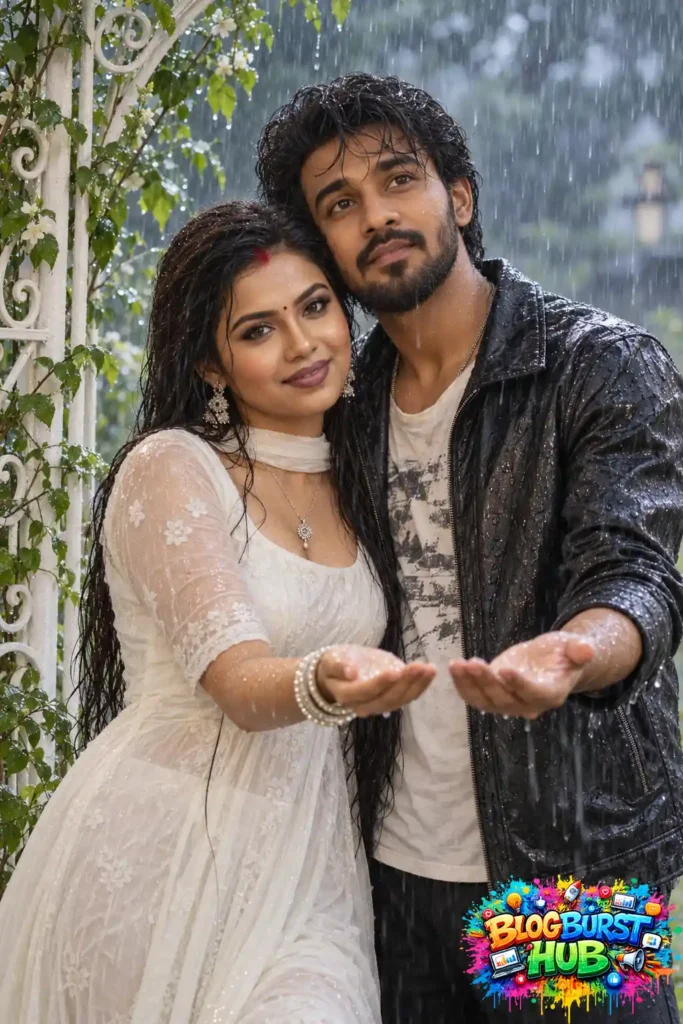 Romantic couple in white and black outfits reaching their hands forward in a rainy garden.