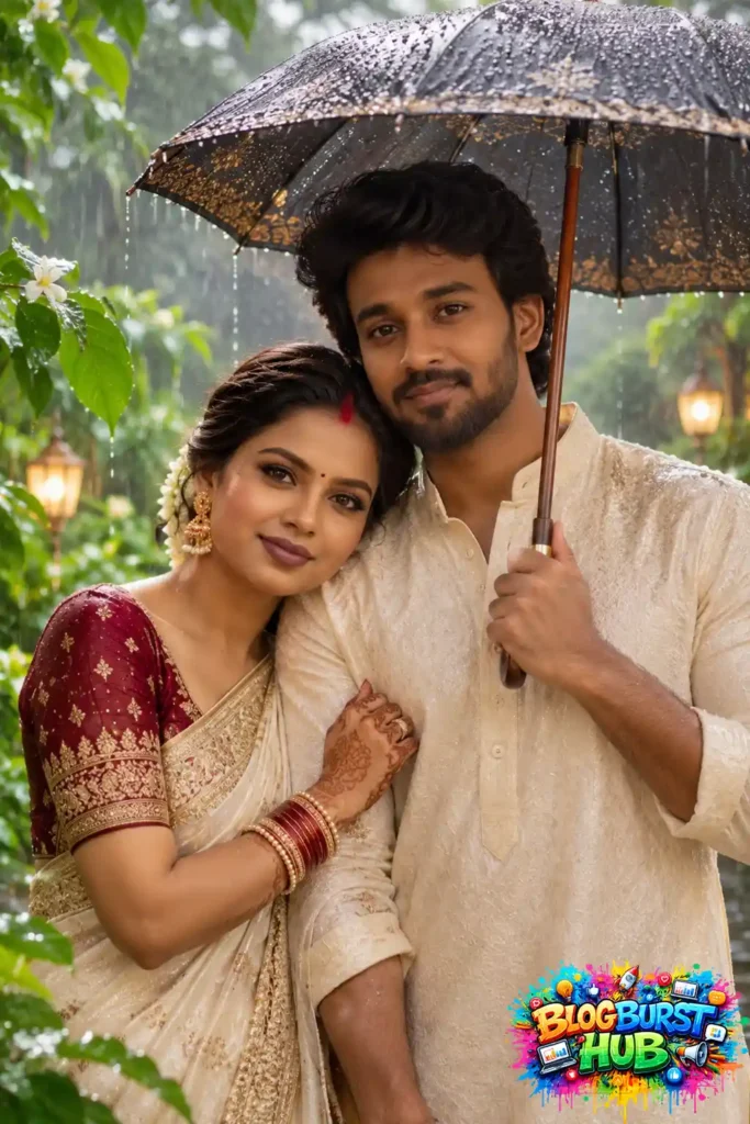 Indian couple in cream traditional clothing standing beneath an umbrella in a rainy green garden.