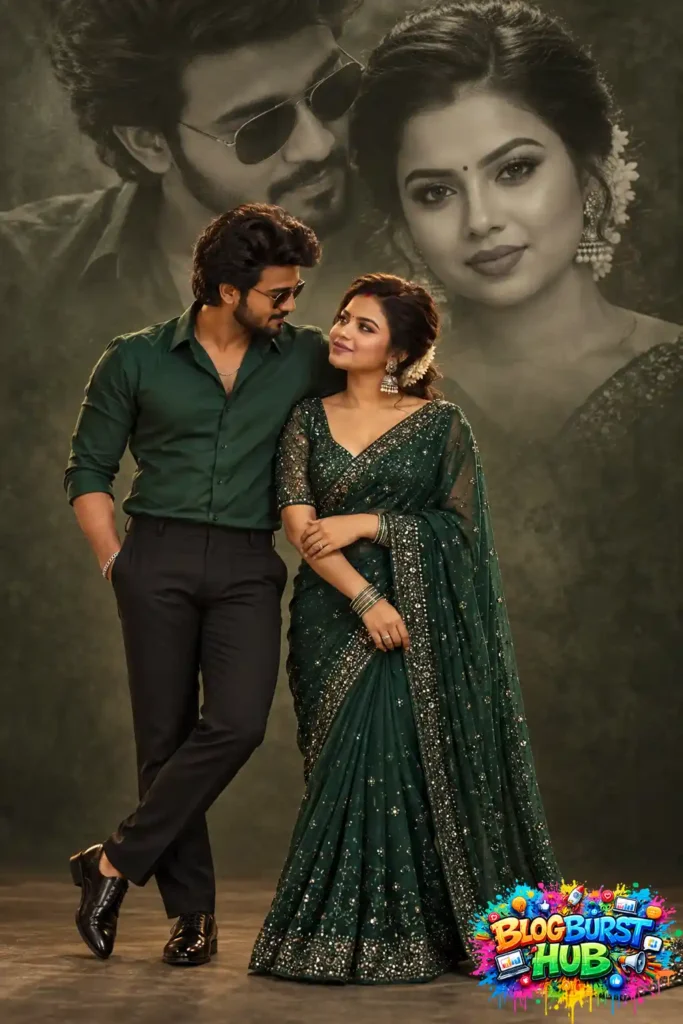South Asian couple posing together in elegant green traditional outfits
