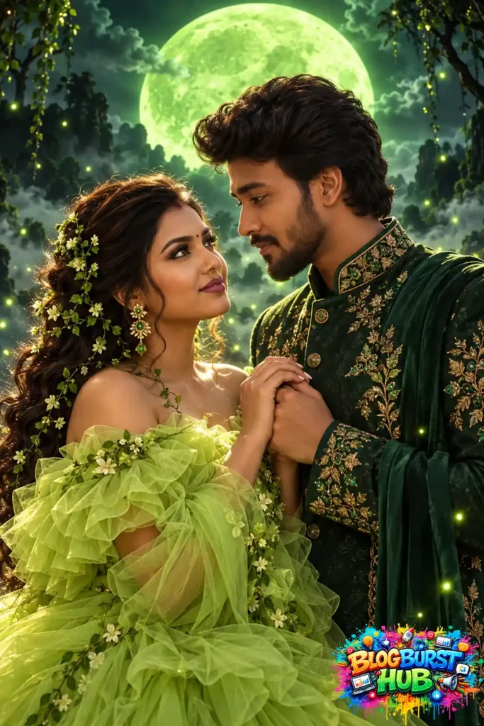 Romantic South Asian couple in green fantasy outfits under a glowing full moon